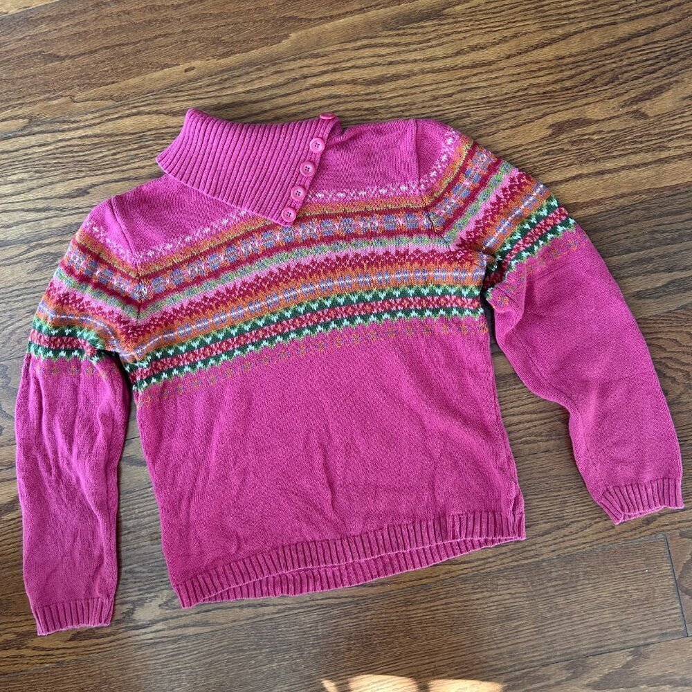 Vintage 90s Tiara Pink Fair Isle Turtleneck Sweater Button Collar Size Medium - Picture 2 of 10